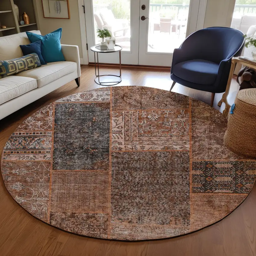 8' Terra Cotta Copper And Charcoal Round Patchwork Washable Indoor Outdoor Area Rug Photo 9