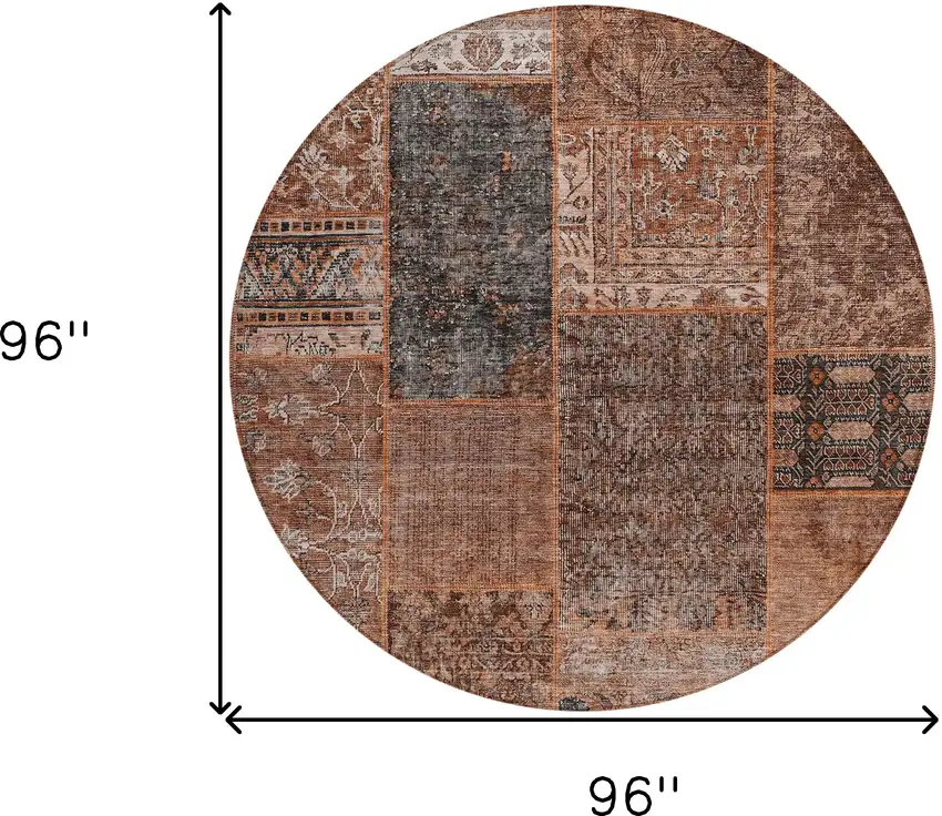 8' Terra Cotta Copper And Charcoal Round Patchwork Washable Indoor Outdoor Area Rug Photo 3