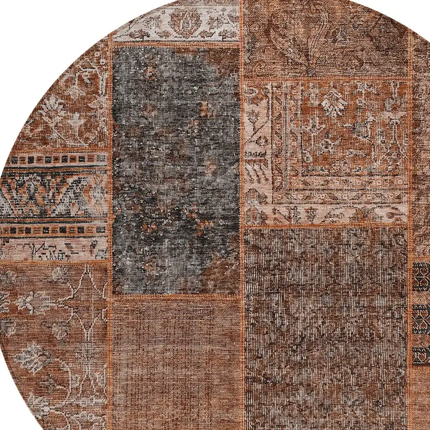8' Terra Cotta Copper And Charcoal Round Patchwork Washable Indoor Outdoor Area Rug Photo 6