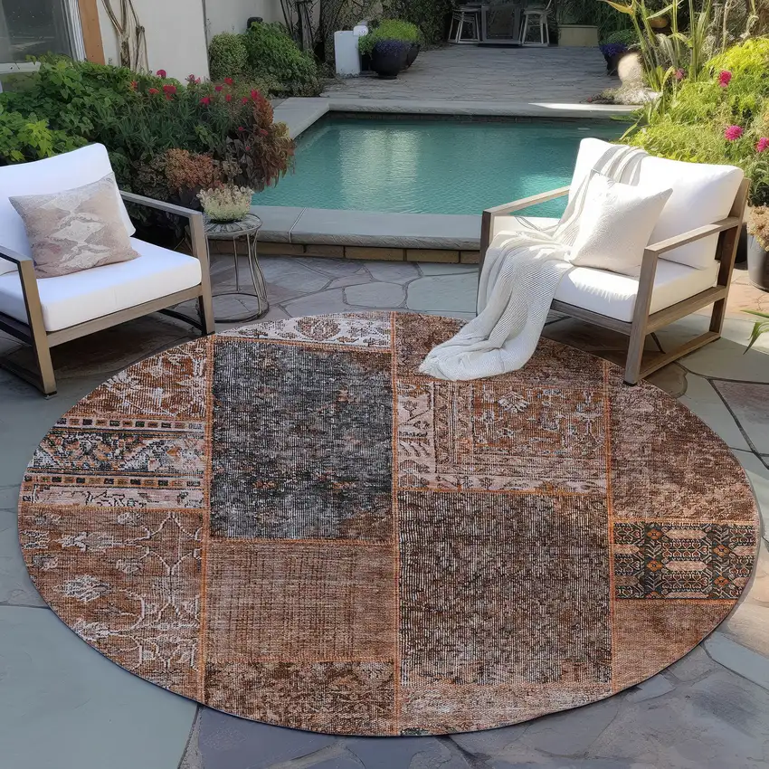 8' Terra Cotta Copper And Charcoal Round Patchwork Washable Indoor Outdoor Area Rug Photo 8