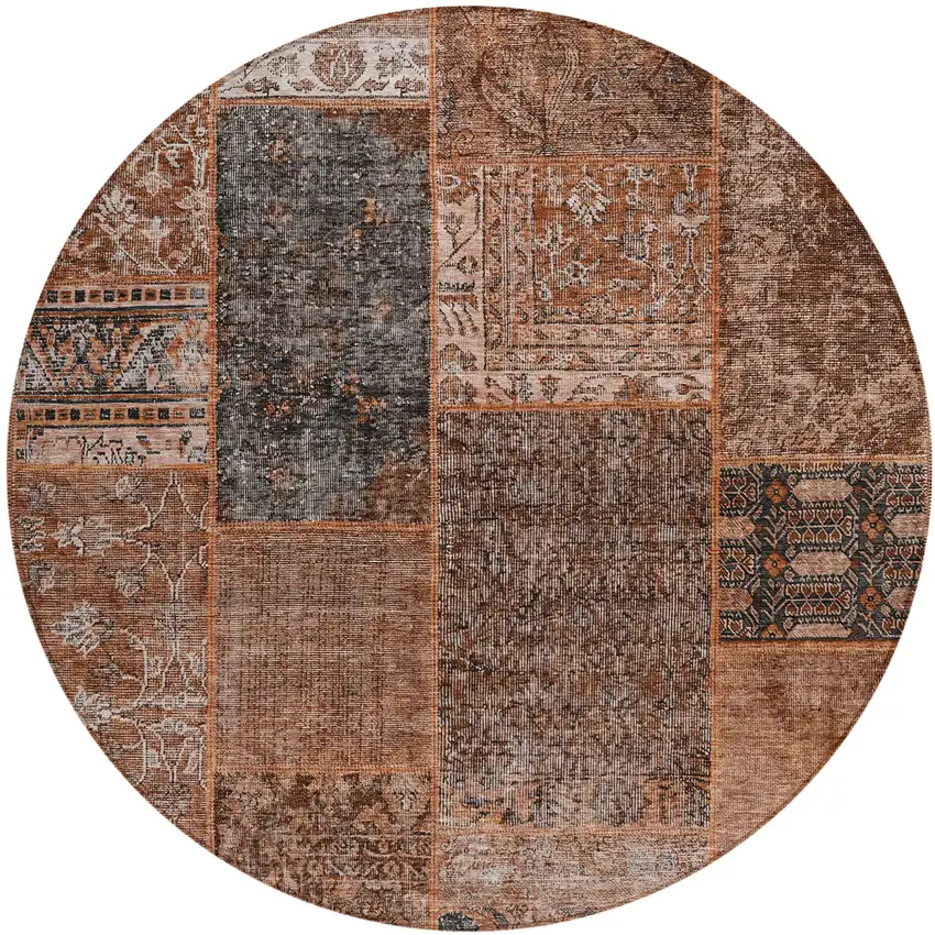 8' Terra Cotta Copper And Charcoal Round Patchwork Washable Indoor Outdoor Area Rug Photo 2