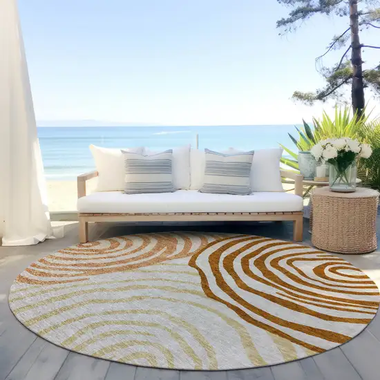 8' Terra Cotta Copper And Gold Round Abstract Washable Indoor Outdoor Area Rug Photo 6