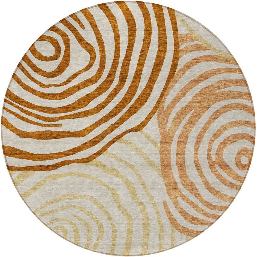 8' Terra Cotta Copper And Gold Round Abstract Washable Indoor Outdoor Area Rug Photo 5