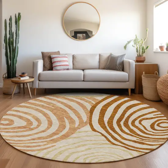 8' Terra Cotta Copper And Gold Round Abstract Washable Indoor Outdoor Area Rug Photo 7
