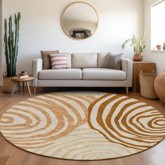 8' Terra Cotta Copper And Gold Round Abstract Washable Indoor Outdoor Area Rug Photo 7