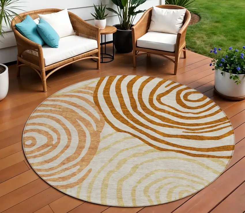 8' Terra Cotta Copper And Gold Round Abstract Washable Indoor Outdoor Area Rug Photo 1