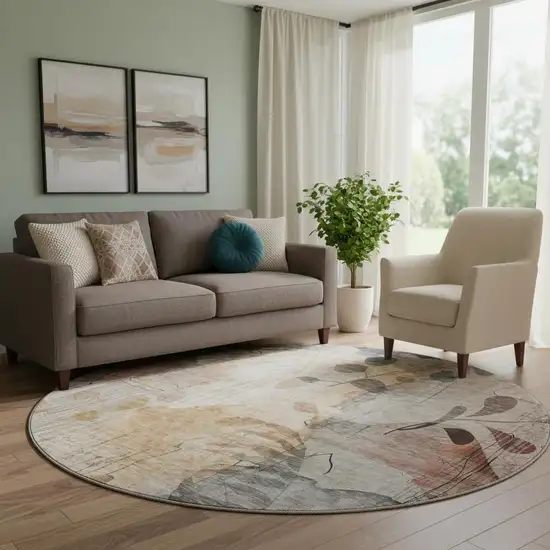 8' Terra Cotta Copper And Gray Floral Washable Round Rug With UV Protection Photo 1