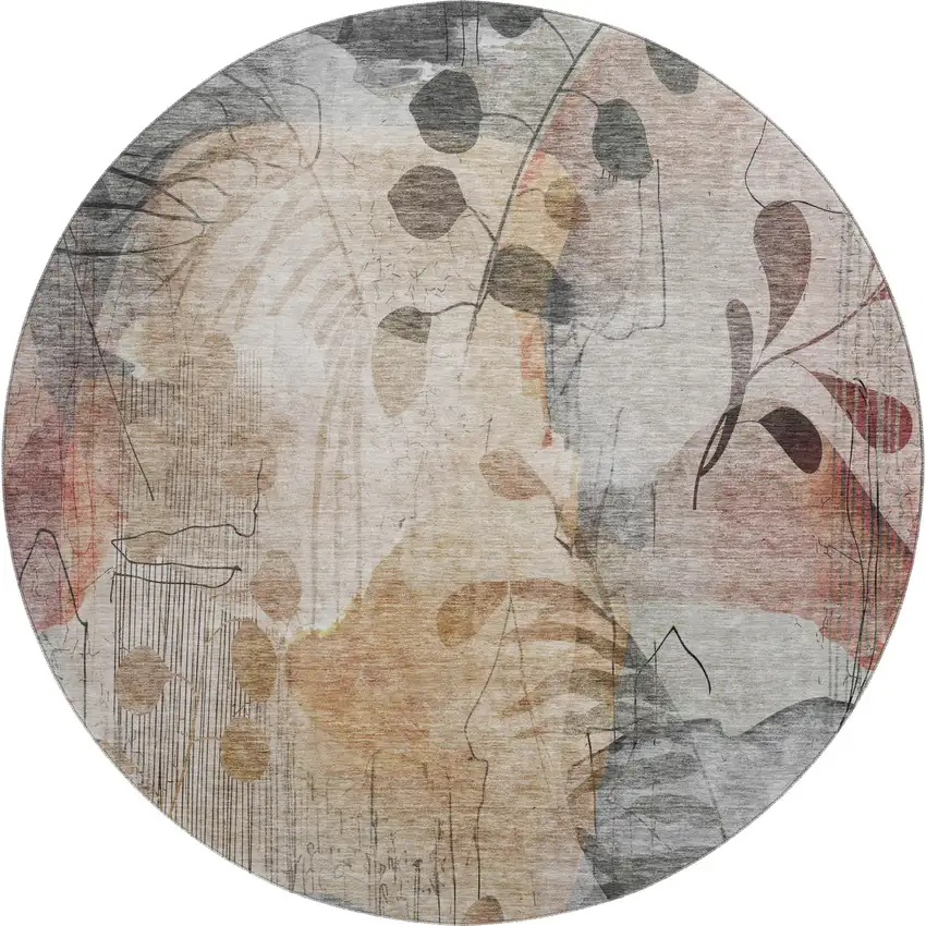 8' Terra Cotta Copper And Gray Floral Washable Round Rug With UV Protection Photo 1