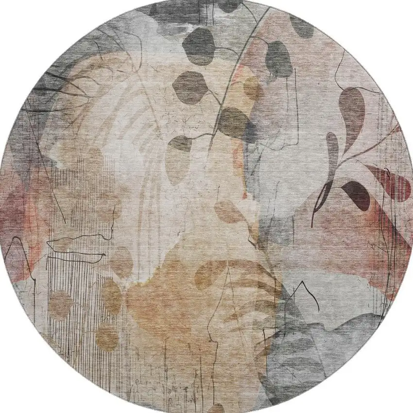 8' Terra Cotta Copper And Gray Floral Washable Round Rug With UV Protection Photo 4