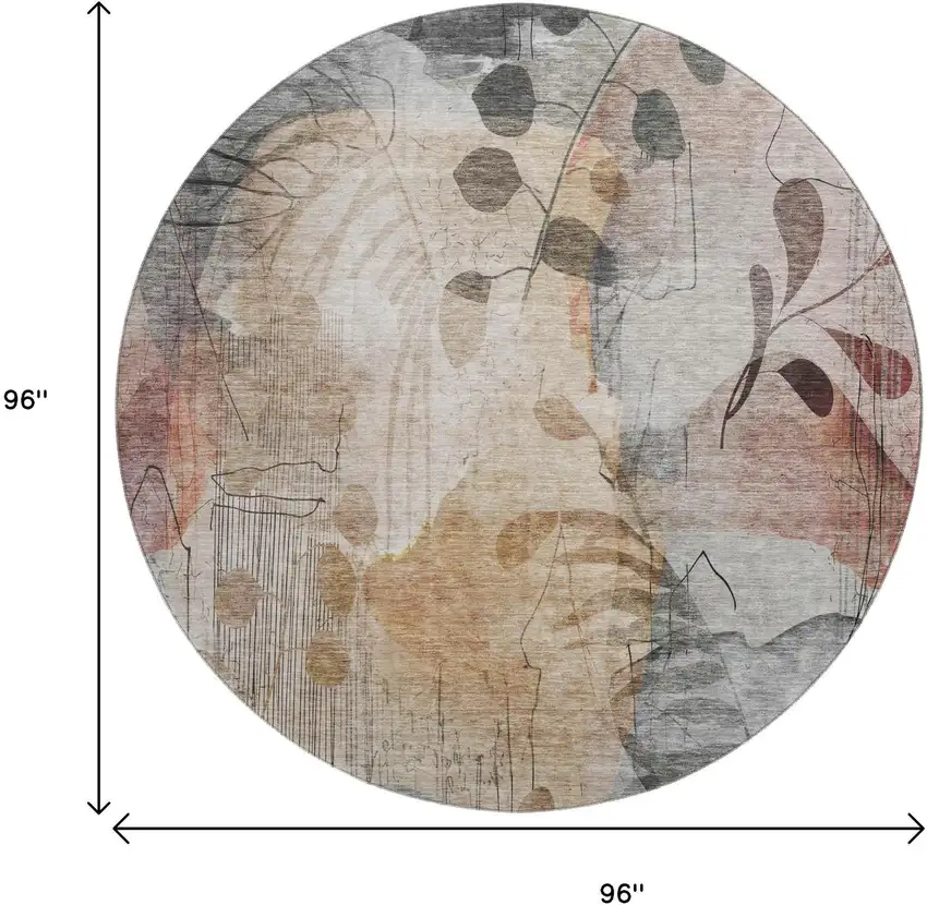 8' Terra Cotta Copper And Gray Floral Washable Round Rug With UV Protection Photo 3