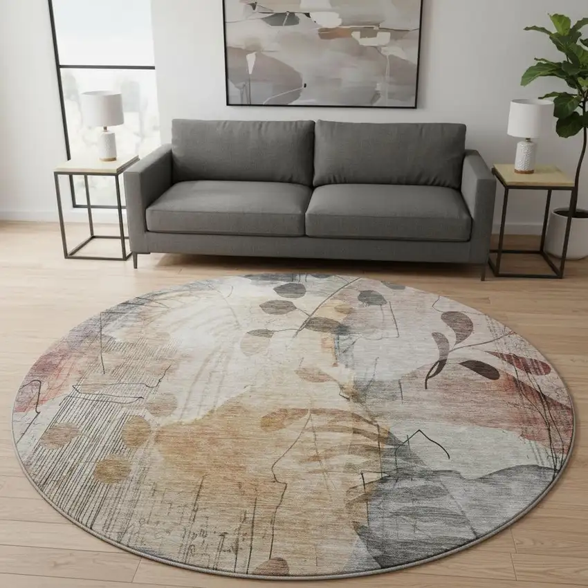 8' Terra Cotta Copper And Gray Floral Washable Round Rug With UV Protection Photo 2