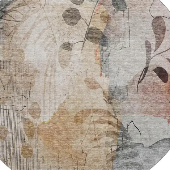 8' Terra Cotta Copper And Gray Floral Washable Round Rug With UV Protection Photo 3