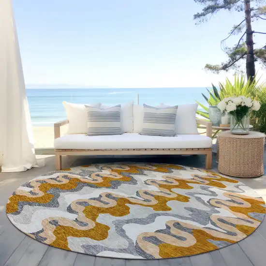 8' Terra Cotta Copper And Gray Round Abstract Washable Indoor Outdoor Area Rug Photo 7