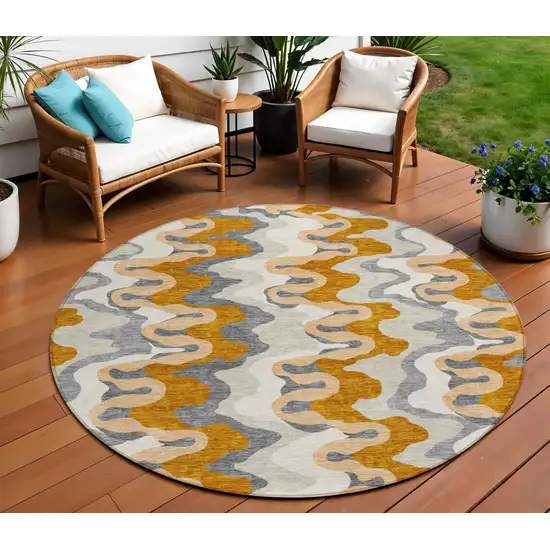 8' Terra Cotta Copper And Gray Round Abstract Washable Indoor Outdoor Area Rug Photo 1