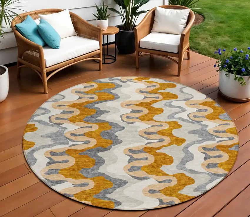 8' Terra Cotta Copper And Gray Round Abstract Washable Indoor Outdoor Area Rug Photo 1