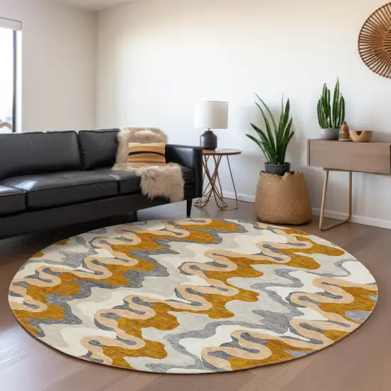 8' Terra Cotta Copper And Gray Round Abstract Washable Indoor Outdoor Area Rug Photo 7