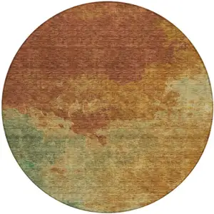 Photo of 8' Terra Cotta Copper And Green Round Abstract Washable Indoor Outdoor Area Rug