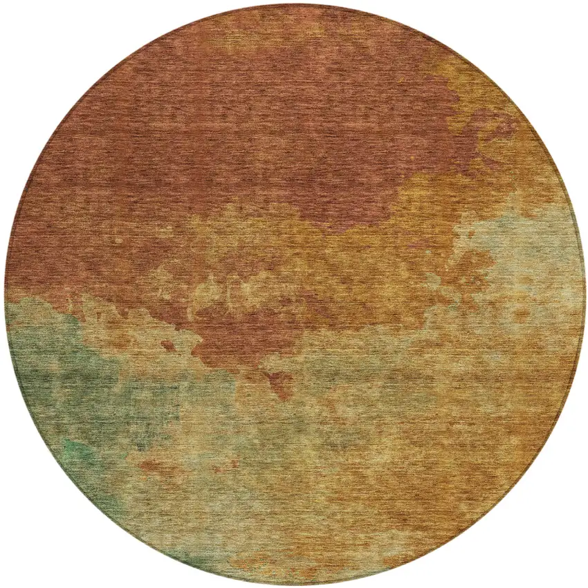 8' Terra Cotta Copper And Green Round Abstract Washable Indoor Outdoor Area Rug Photo 2