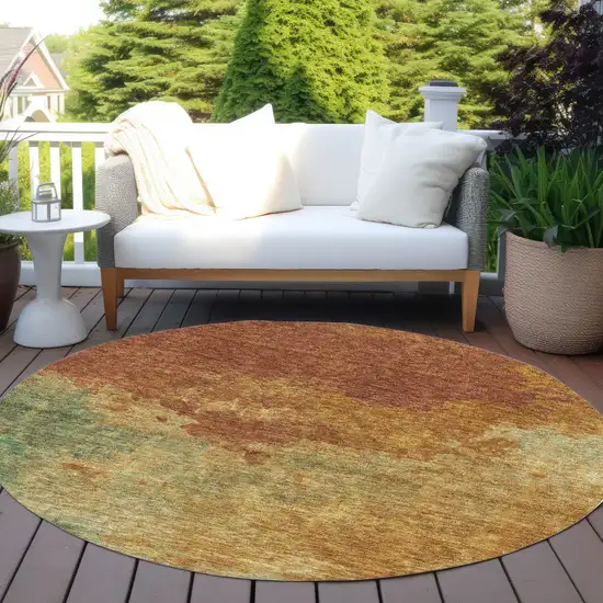 8' Terra Cotta Copper And Green Round Abstract Washable Indoor Outdoor Area Rug Photo 7