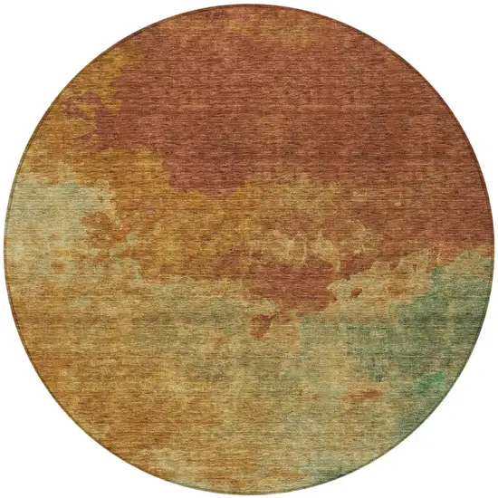 8' Terra Cotta Copper And Green Round Abstract Washable Indoor Outdoor Area Rug Photo 6