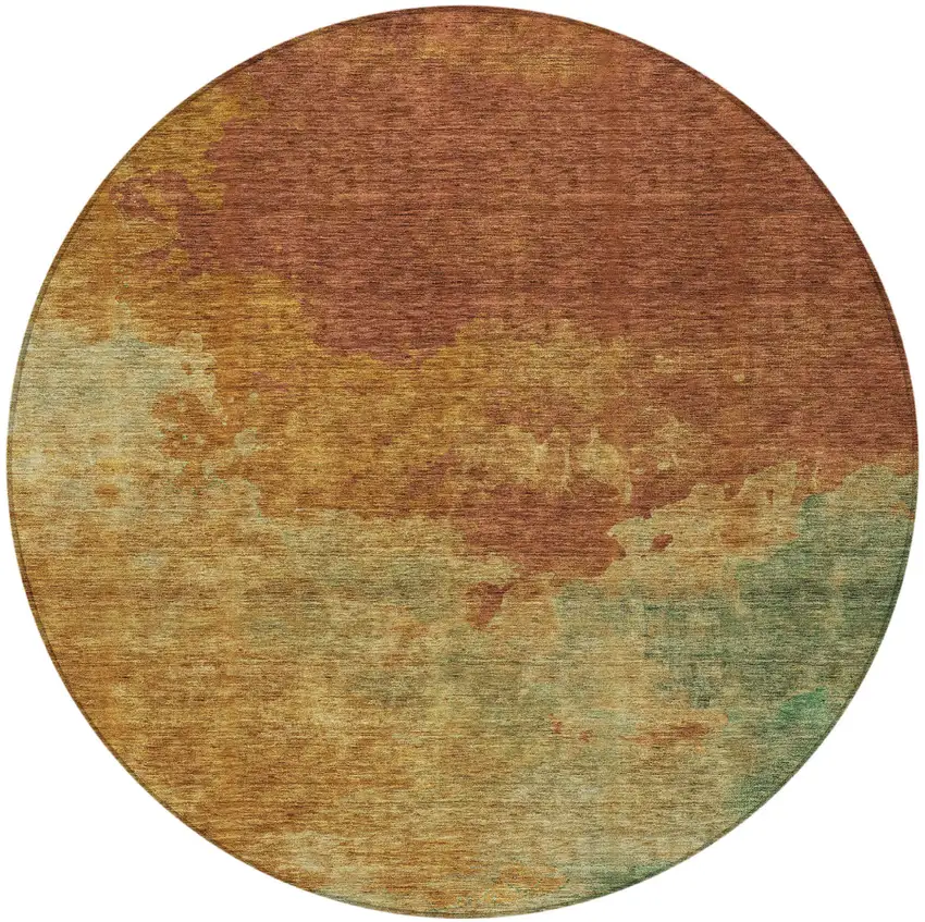 8' Terra Cotta Copper And Green Round Abstract Washable Indoor Outdoor Area Rug Photo 6