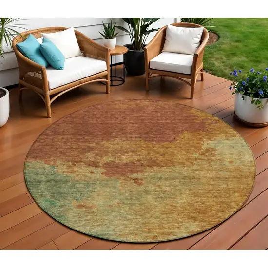 8' Terra Cotta Copper And Green Round Abstract Washable Indoor Outdoor Area Rug Photo 1