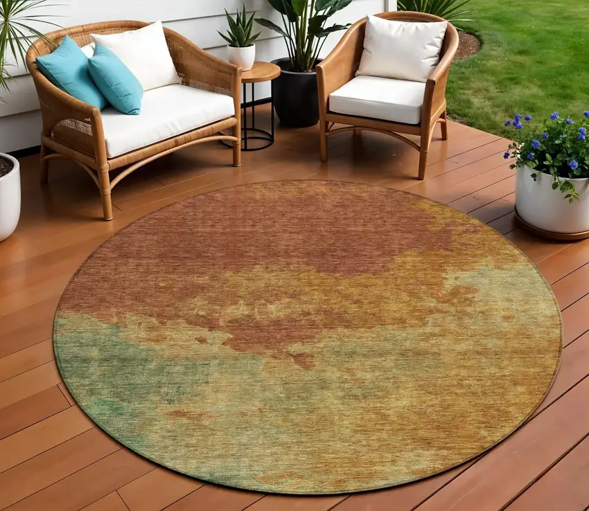 8' Terra Cotta Copper And Green Round Abstract Washable Indoor Outdoor Area Rug Photo 1