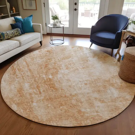 8' Terra Cotta Copper And Ivory Round Abstract Washable Indoor Outdoor Area Rug Photo 8