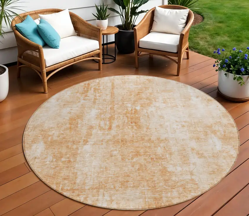 8' Terra Cotta Copper And Ivory Round Abstract Washable Indoor Outdoor Area Rug Photo 1