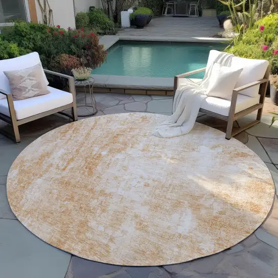 8' Terra Cotta Copper And Ivory Round Abstract Washable Indoor Outdoor Area Rug Photo 7