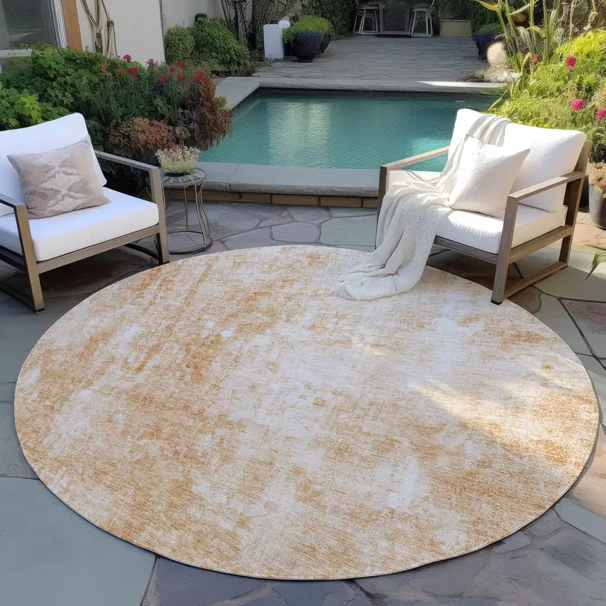 8' Terra Cotta Copper And Ivory Round Abstract Washable Indoor Outdoor Area Rug Photo 7