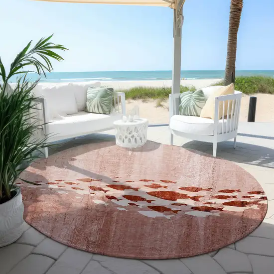 8' Terra Cotta Copper And Ivory Round Nautical Washable Indoor Outdoor Area Rug Photo 5