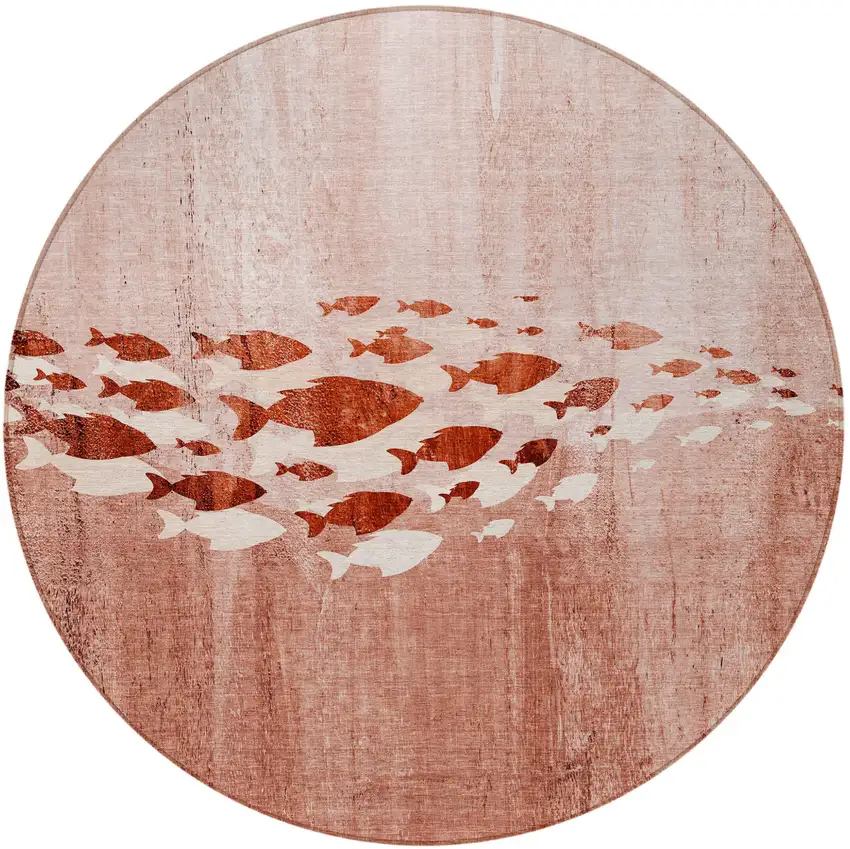 8' Terra Cotta Copper And Ivory Round Nautical Washable Indoor Outdoor Area Rug Photo 4