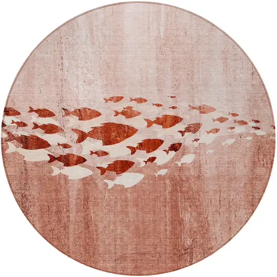 8' Terra Cotta Copper And Ivory Round Nautical Washable Indoor Outdoor Area Rug Photo 4