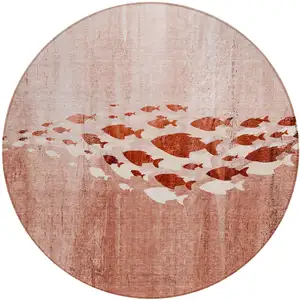 Photo of 8' Terra Cotta Copper And Ivory Round Nautical Washable Indoor Outdoor Area Rug