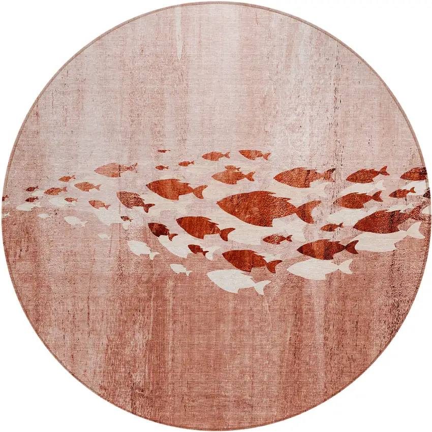 8' Terra Cotta Copper And Ivory Round Nautical Washable Indoor Outdoor Area Rug Photo 1