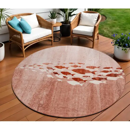 8' Terra Cotta Copper And Ivory Round Nautical Washable Indoor Outdoor Area Rug Photo 1