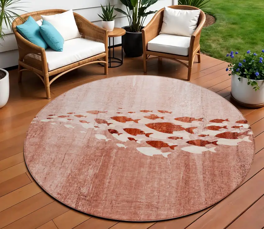 8' Terra Cotta Copper And Ivory Round Nautical Washable Indoor Outdoor Area Rug Photo 1