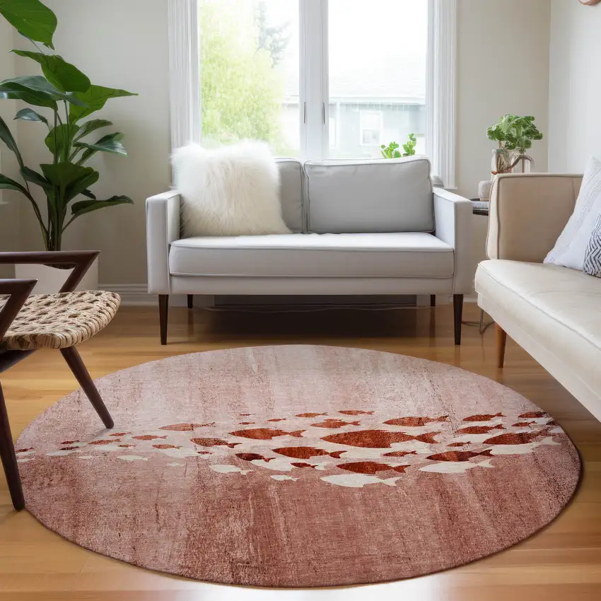 8' Terra Cotta Copper And Ivory Round Nautical Washable Indoor Outdoor Area Rug Photo 6