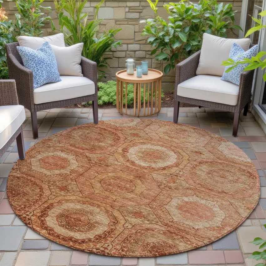 8' Terra Cotta Copper And Peach Round Geometric Washable Indoor Outdoor Area Rug Photo 6