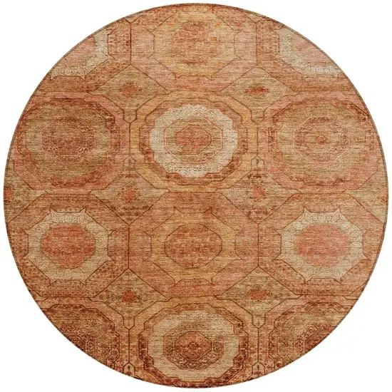 8' Terra Cotta Copper And Peach Round Geometric Washable Indoor Outdoor Area Rug Photo 3