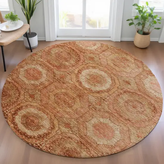 8' Terra Cotta Copper And Peach Round Geometric Washable Indoor Outdoor Area Rug Photo 7