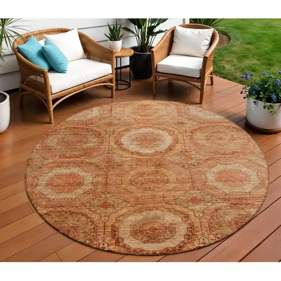 8' Terra Cotta Copper And Peach Round Geometric Washable Indoor Outdoor Area Rug Photo 2