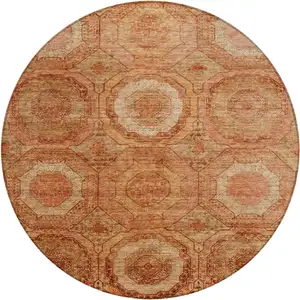 Photo of 8' Terra Cotta Copper And Peach Round Geometric Washable Indoor Outdoor Area Rug