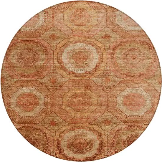 8' Terra Cotta Copper And Peach Round Geometric Washable Indoor Outdoor Area Rug Photo 1