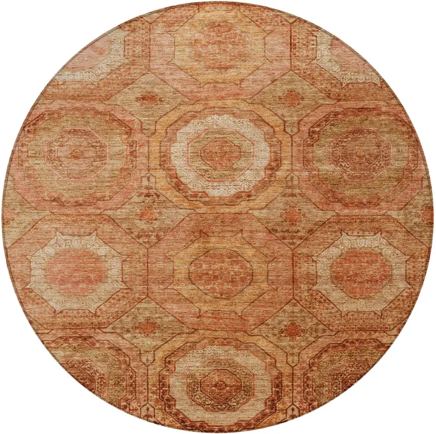 8' Terra Cotta Copper And Peach Round Geometric Washable Indoor Outdoor Area Rug Photo 4
