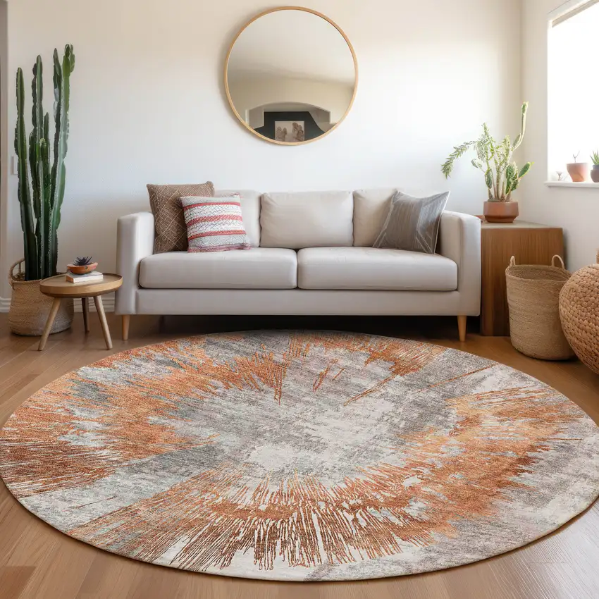 8' Terra Cotta Copper And Taupe Round Abstract Washable Indoor Outdoor Area Rug Photo 8