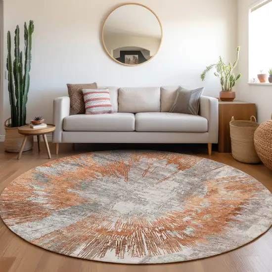 8' Terra Cotta Copper And Taupe Round Abstract Washable Indoor Outdoor Area Rug Photo 8