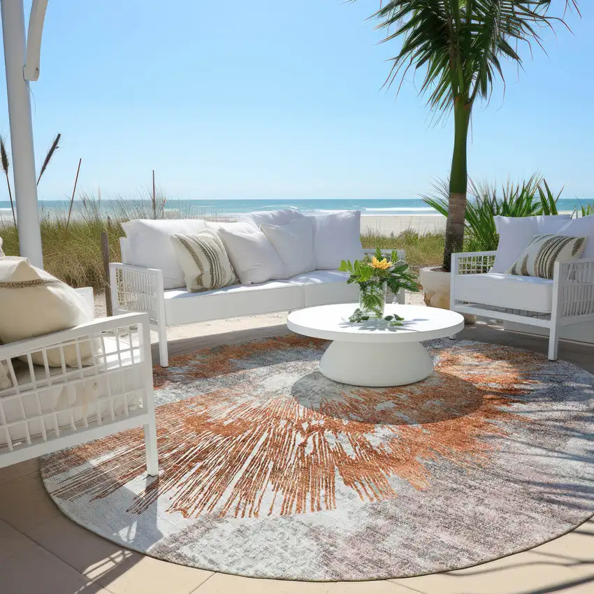 8' Terra Cotta Copper And Taupe Round Abstract Washable Indoor Outdoor Area Rug Photo 7