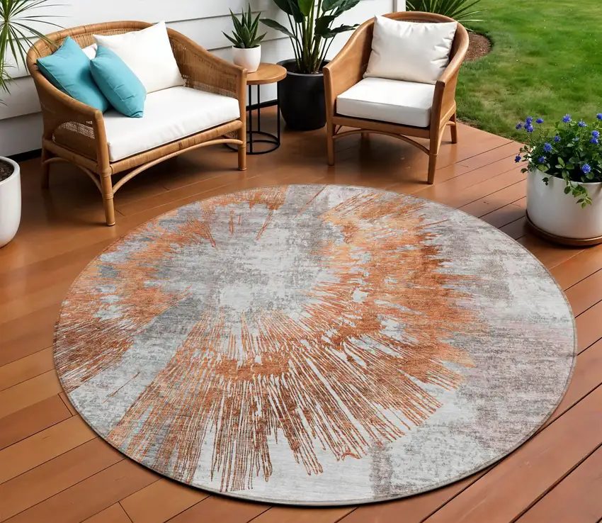 8' Terra Cotta Copper And Taupe Round Abstract Washable Indoor Outdoor Area Rug Photo 1